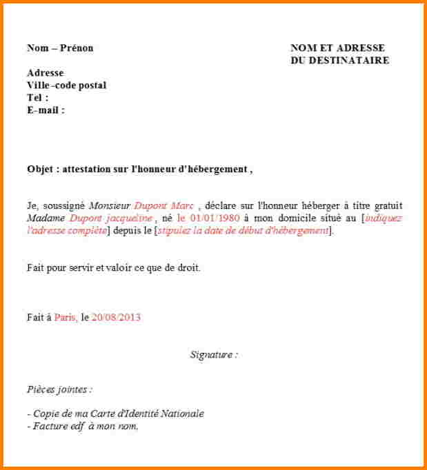 lettre d'hebergement modele