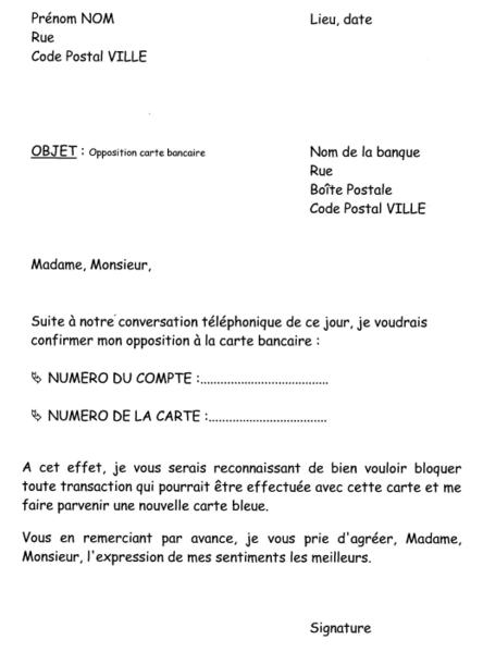 lettre d'opposition carte bancaire pour perte