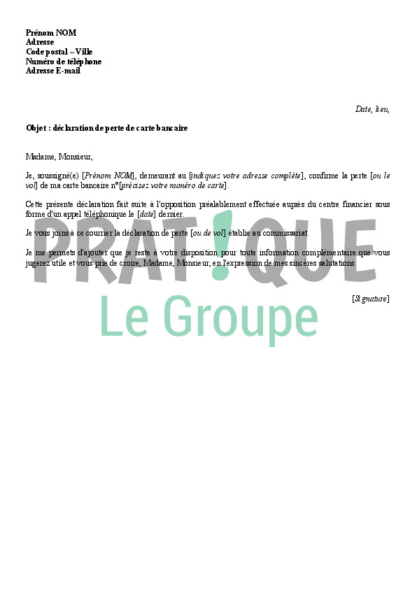 lettre d'opposition carte bancaire pour perte