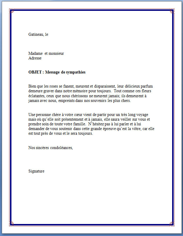 lettre de condoleance gratuit