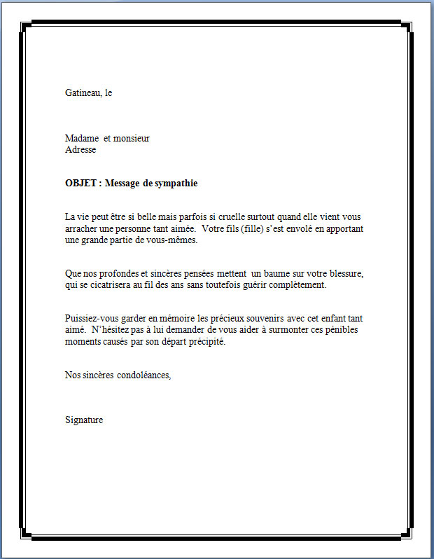 lettre de condoleences