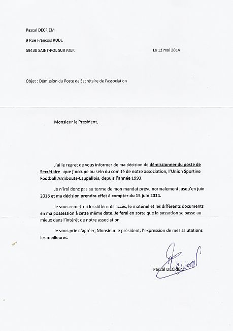 lettre de confirmation de demission