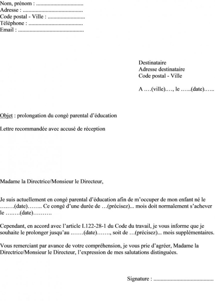 lettre de conge parental de 6 mois