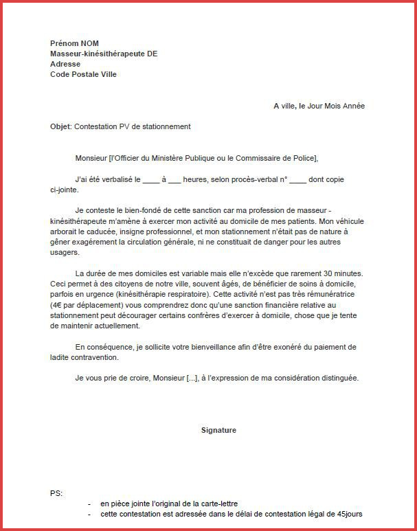 lettre de contestation amende stationnement