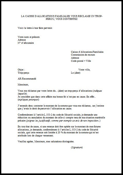 lettre de contestation caf pour un trop percu