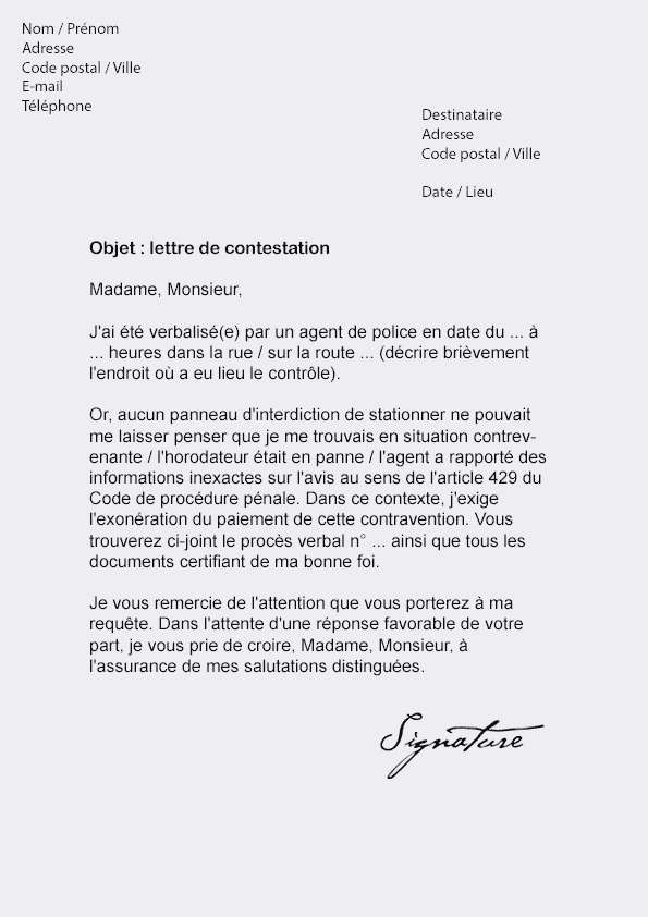 lettre de contestation d'amende