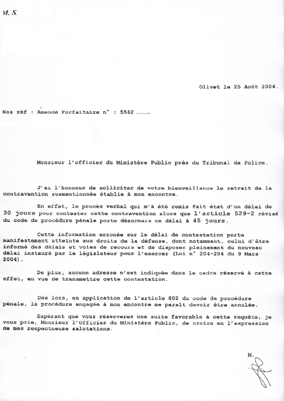 lettre de contestation d'une contravention