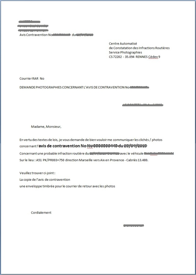 lettre de contestation d'une contravention