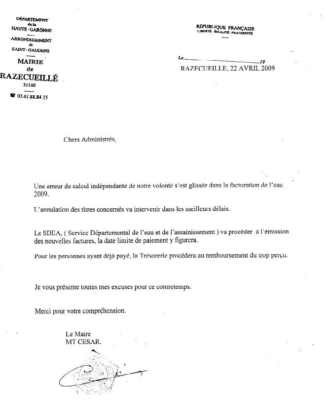 lettre de contestation facture d'eau