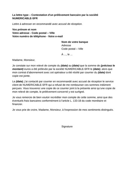 lettre de contestation facture sfr