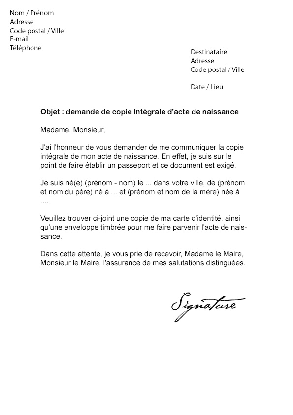 lettre de demande d'acte de naissance
