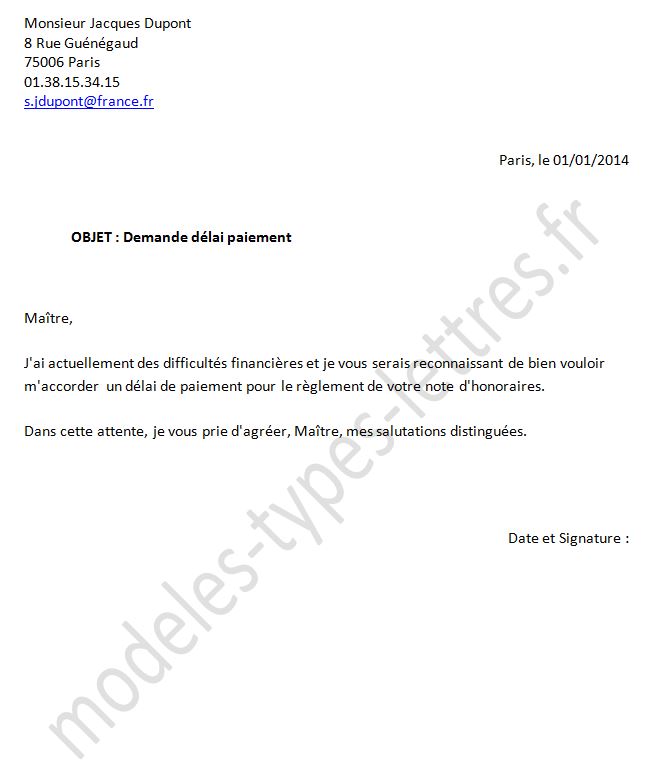 lettre de demande de delais de paiement