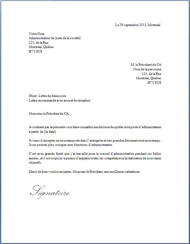 lettre de demission association