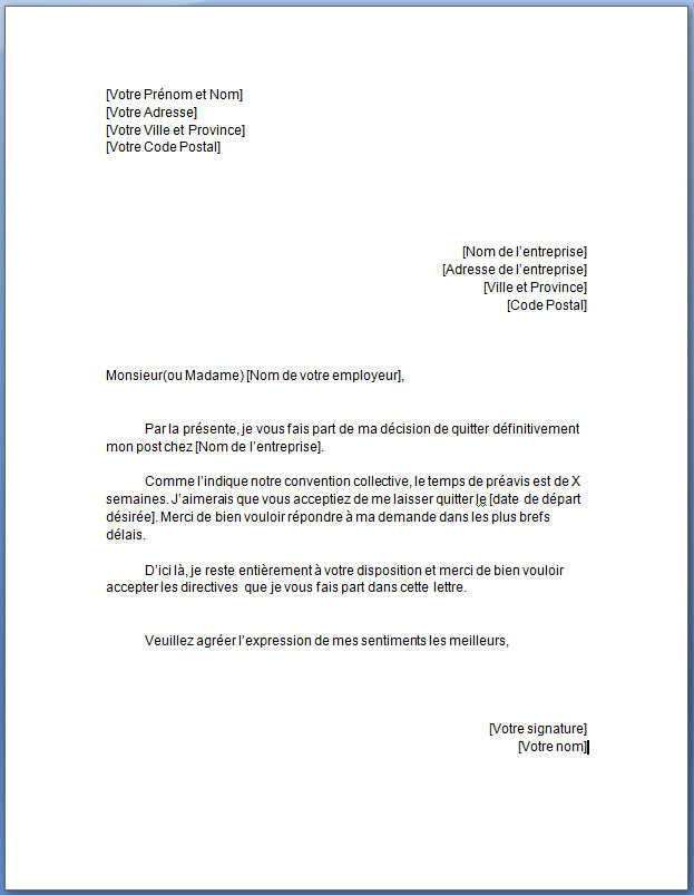 lettre de demission cdi avec depart anticipe
