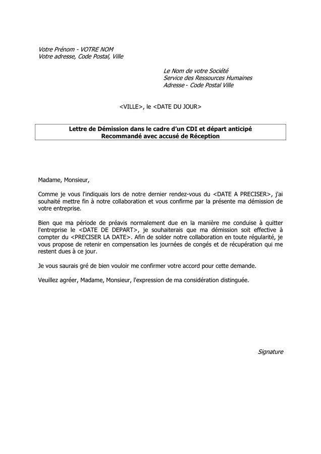 lettre de demission cdi avec depart anticipe