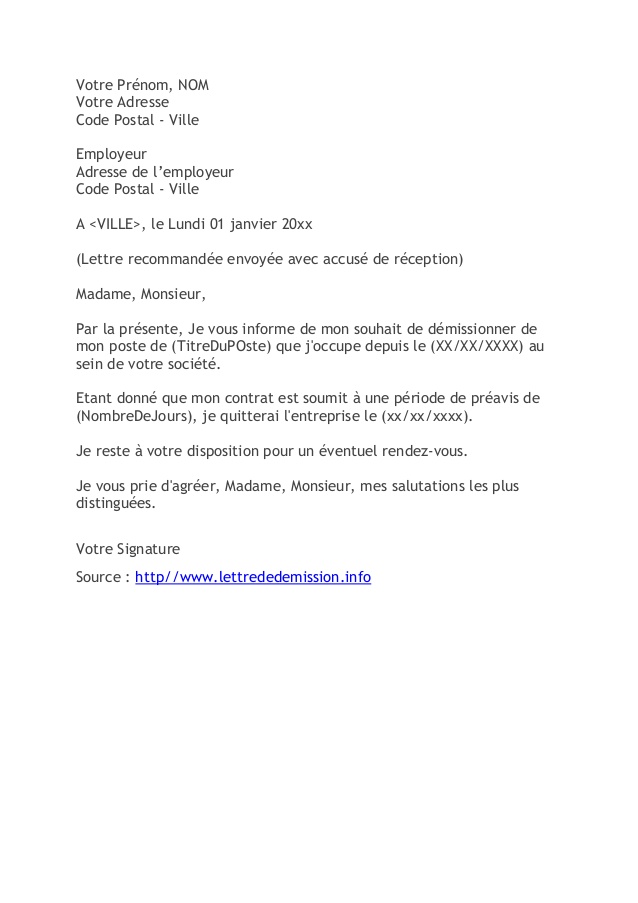 lettre de demission cdi modele