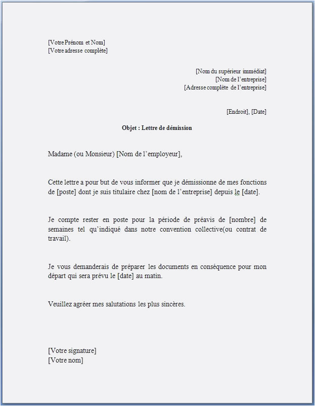 lettre de demission cdi preavis negocie