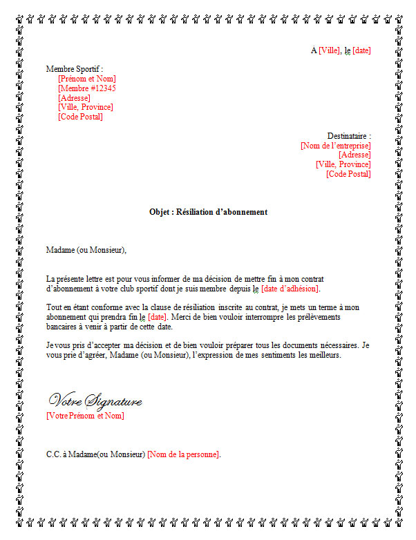 lettre de demission dans une association