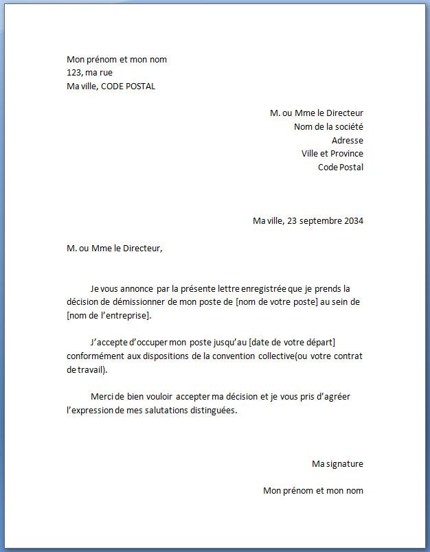lettre de demission de travail gratuit