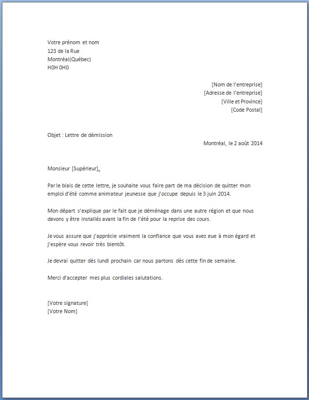 lettre de demission emploi saisonnier