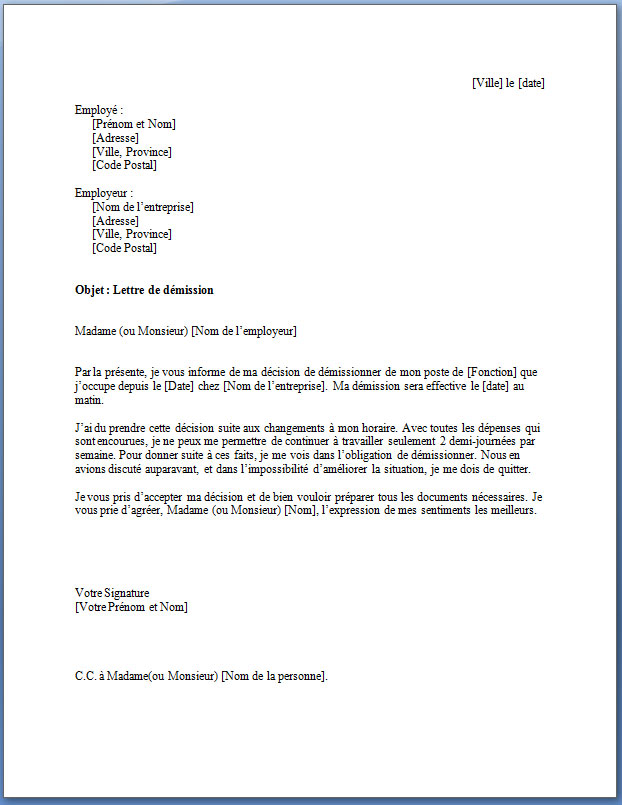 lettre de demission gratuite