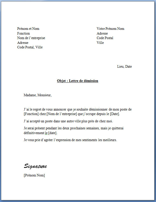 lettre de demission gratuite