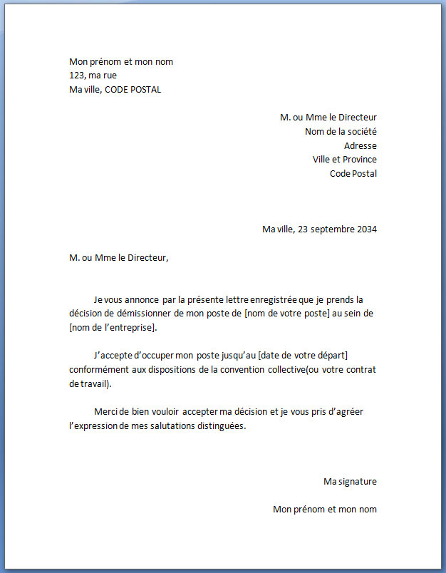 lettre de demission gratuite
