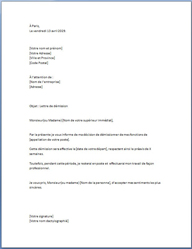 lettre de demission gratuite