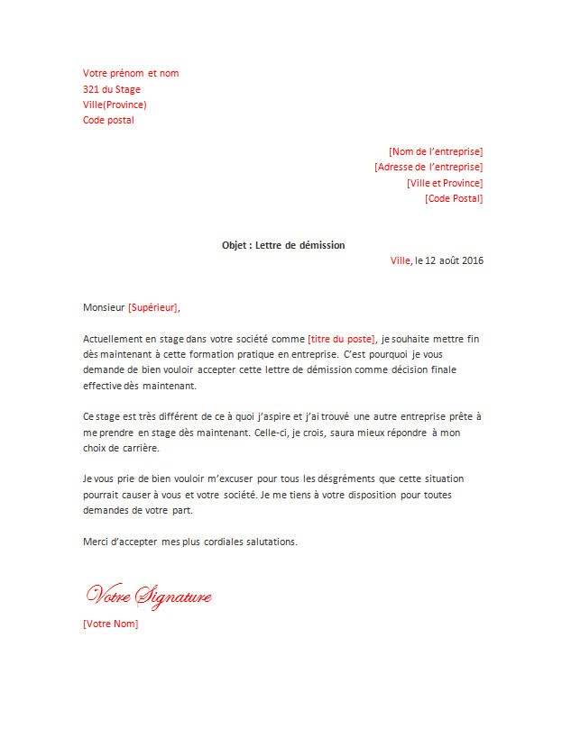 lettre de demission legitime