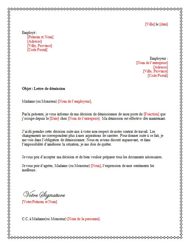 lettre de demission luxembourg
