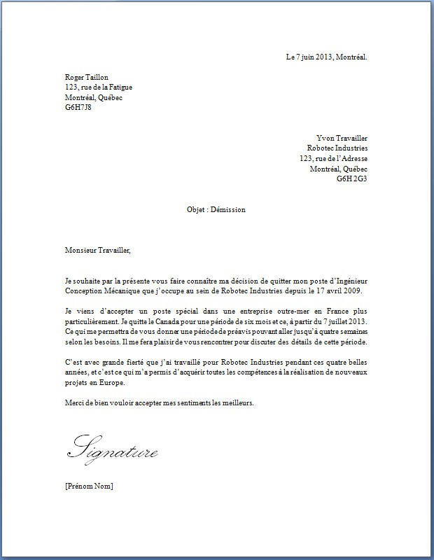 lettre de demission periode d'essai
