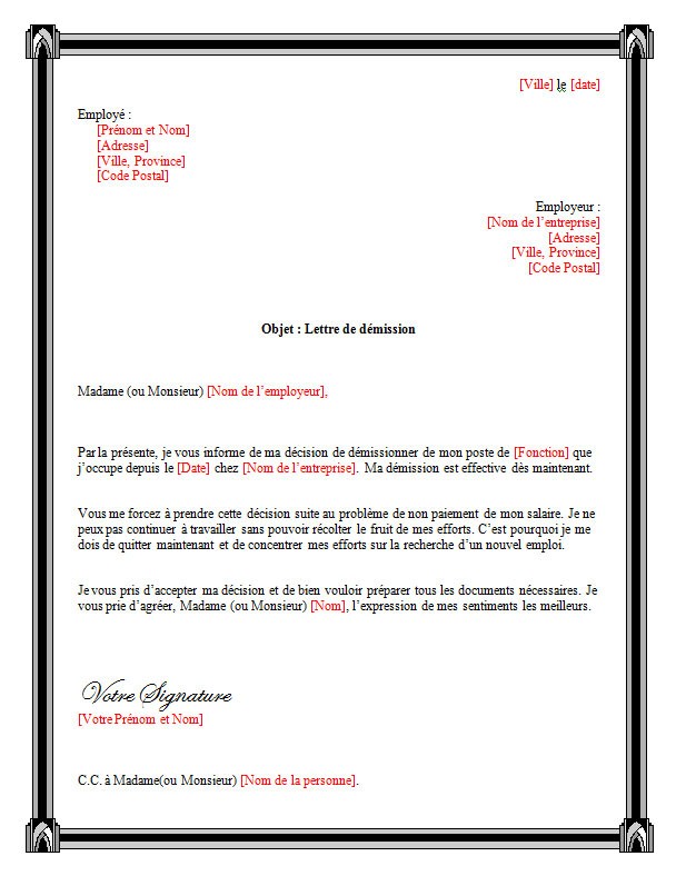 lettre de demission pour non paiement de salaire