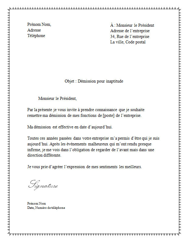 lettre de demission pour non paiement de salaire