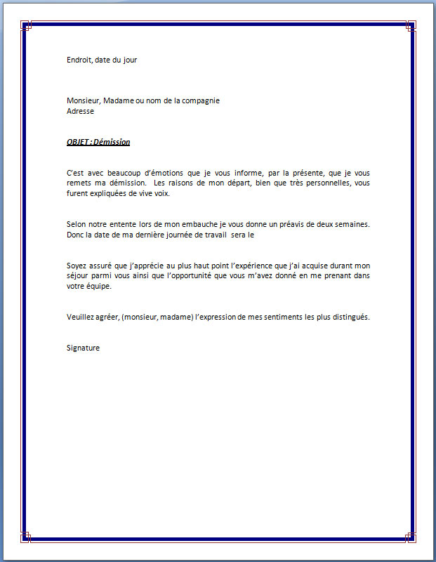 lettre de demission preavis anticipe