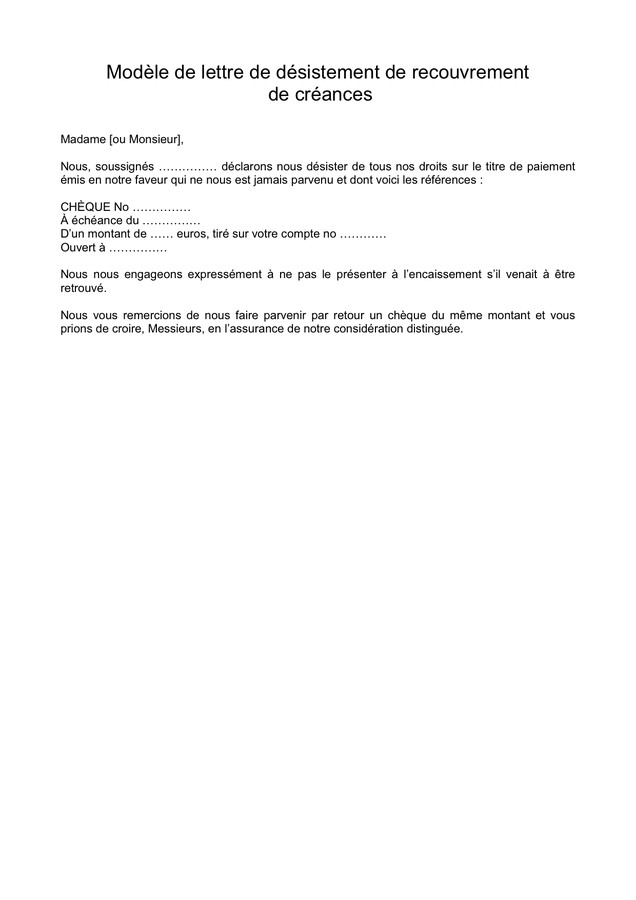 lettre de desistement pour cheque
