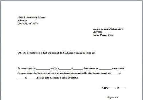 lettre de hebergement a titre gratuit