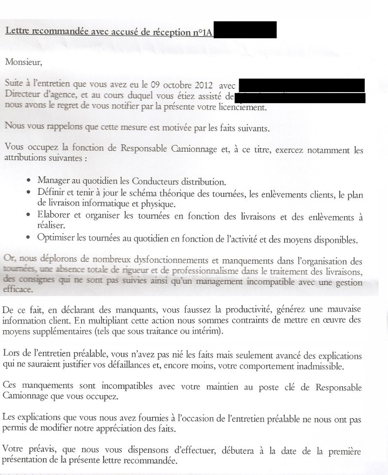 lettre de licenciement pour inaptitude professionnelle