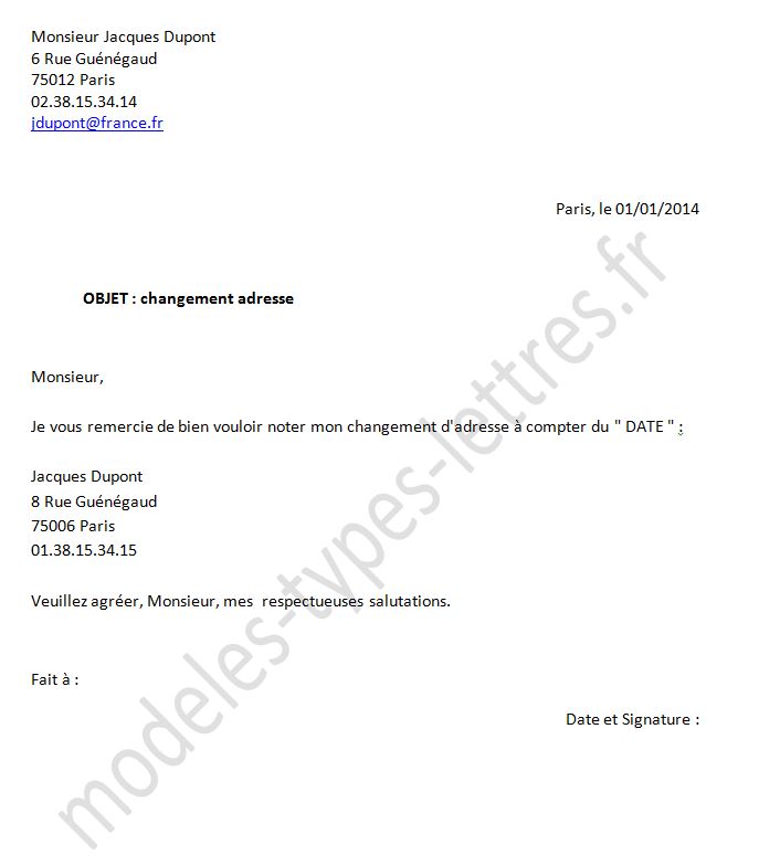 lettre de modification d'adresse