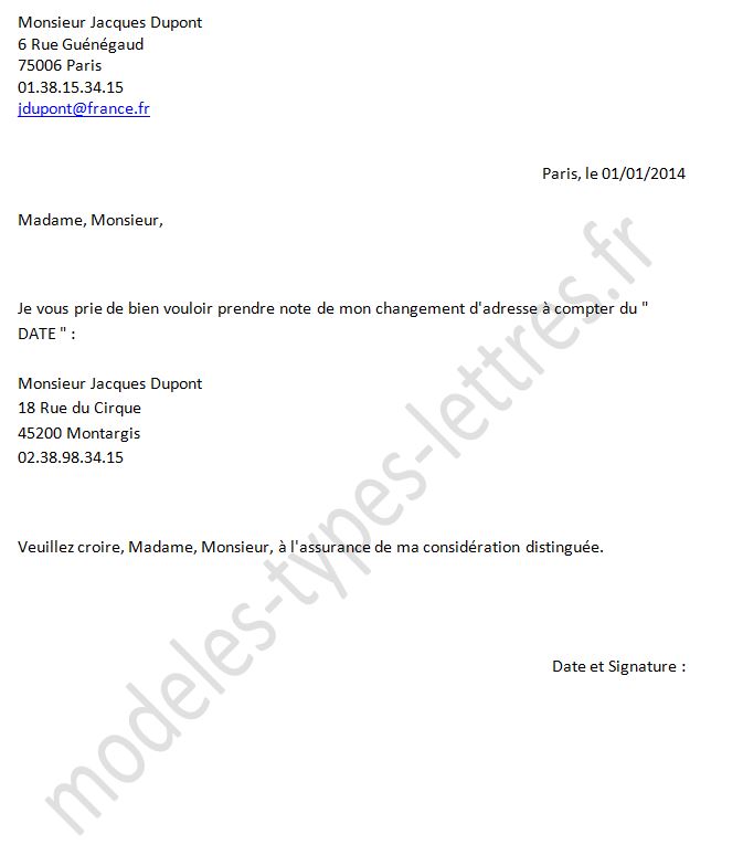 lettre de modification d'adresse