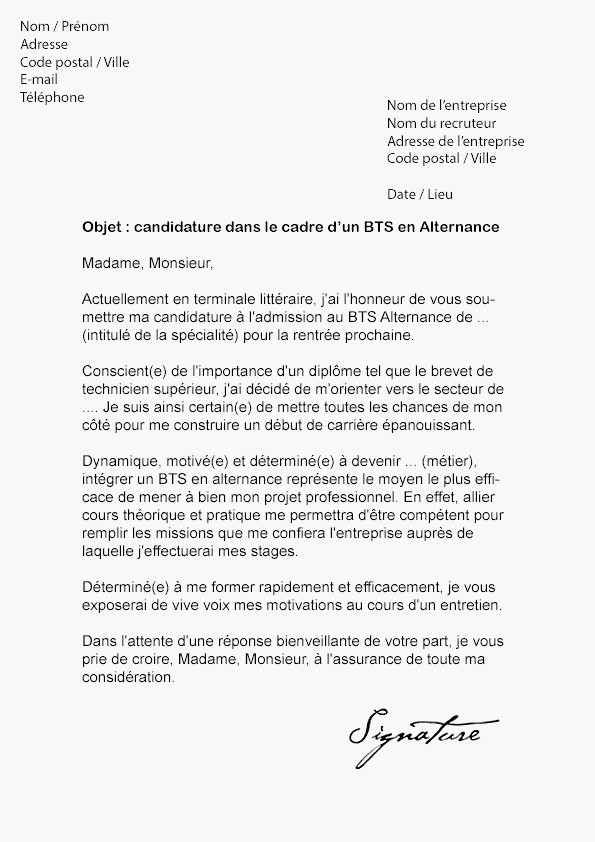 lettre de motivation bts ava modele