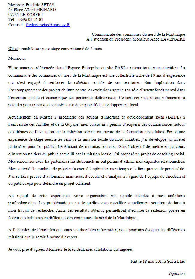 lettre de motivation examplaire