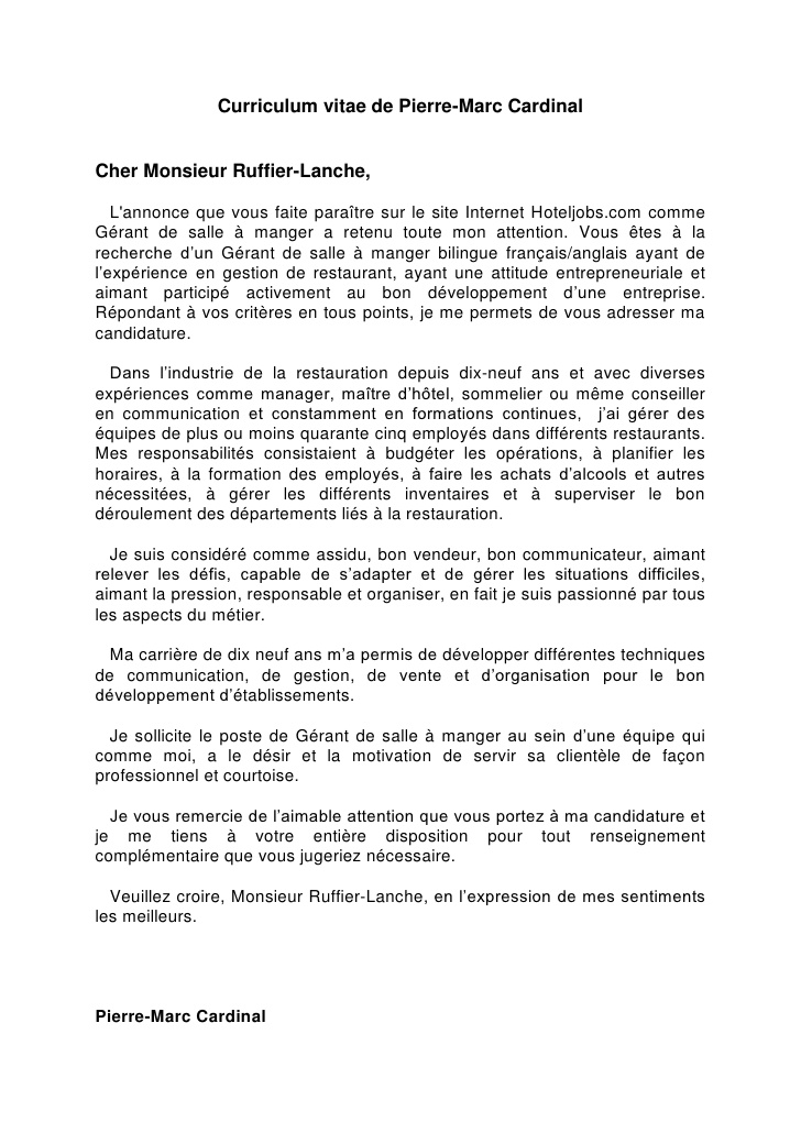 lettre de motivation manager restauration