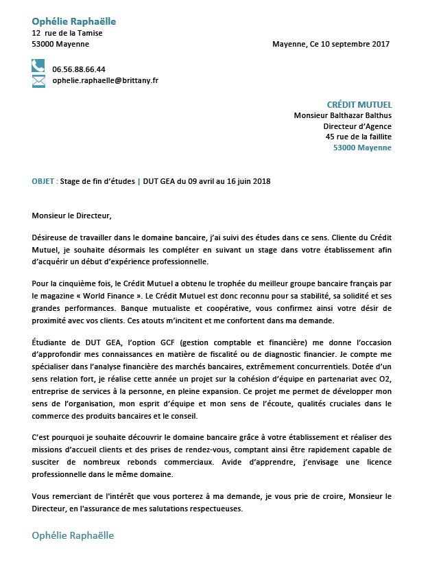 lettre de motivation pour demande de stage en banque