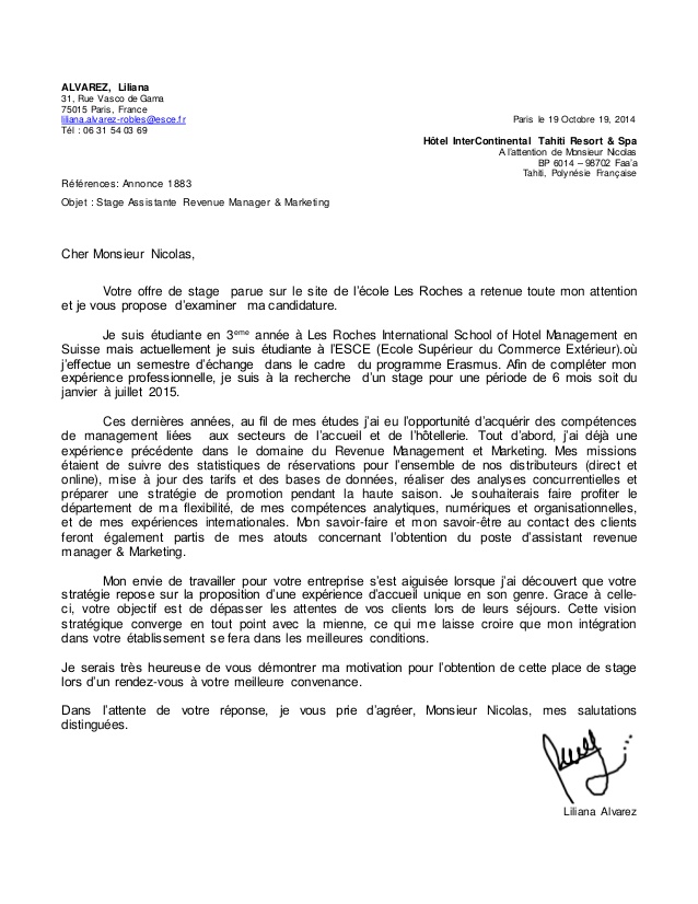lettre de motivation pour travailler dans un hotel