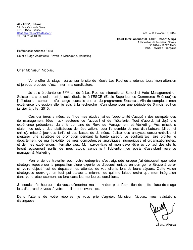 lettre de motivation pour travailler dans un hotel