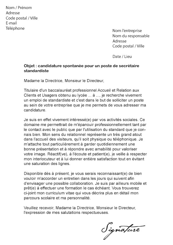 lettre de motivation spontanee secretaire gratuite