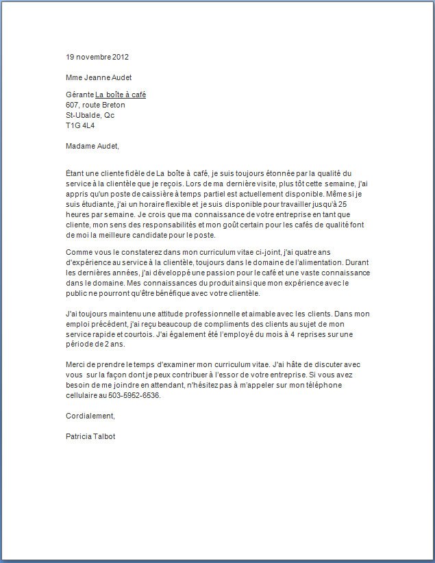 lettre de motivation stage caissiere