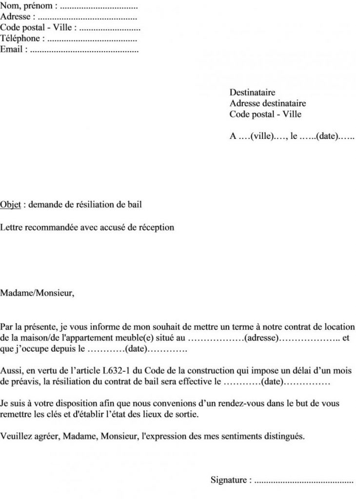 lettre de preavis 1 mois