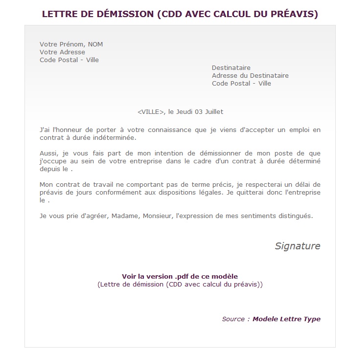 lettre de preavis d'un mois