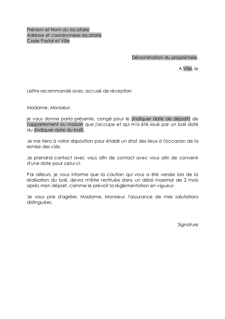 lettre de preavis d'un mois